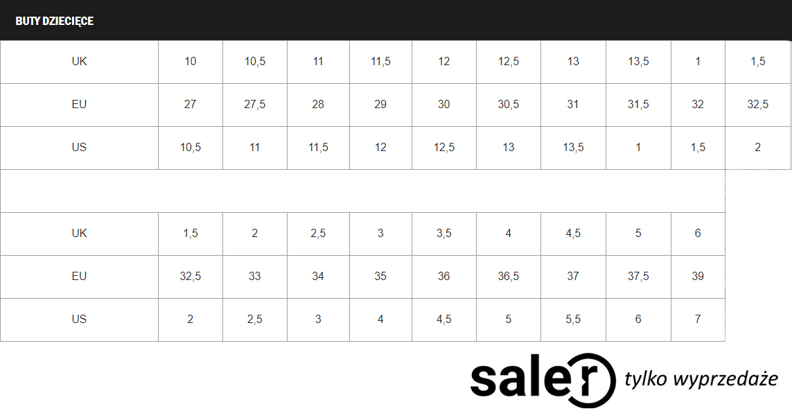 Tabela rozmiarów butów Vans | Saler.pl - Wyprzedaż i promocje modowe