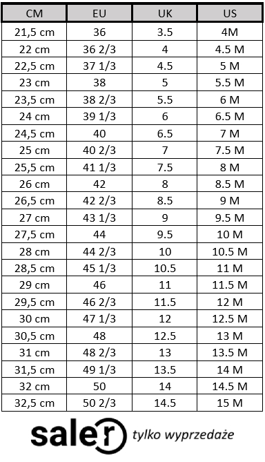 Tabela rozmiarów butów Salomon | Saler.pl - Wyprzedaż i promocje modowe