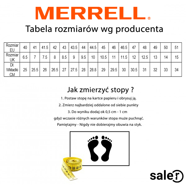 Tabela rozmiarów butów Merrell | Saler.pl - Wyprzedaż i promocje modowe