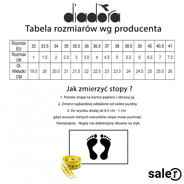 Tabela rozmiarów butów Diadora | Saler.pl - Wyprzedaż i promocje modowe