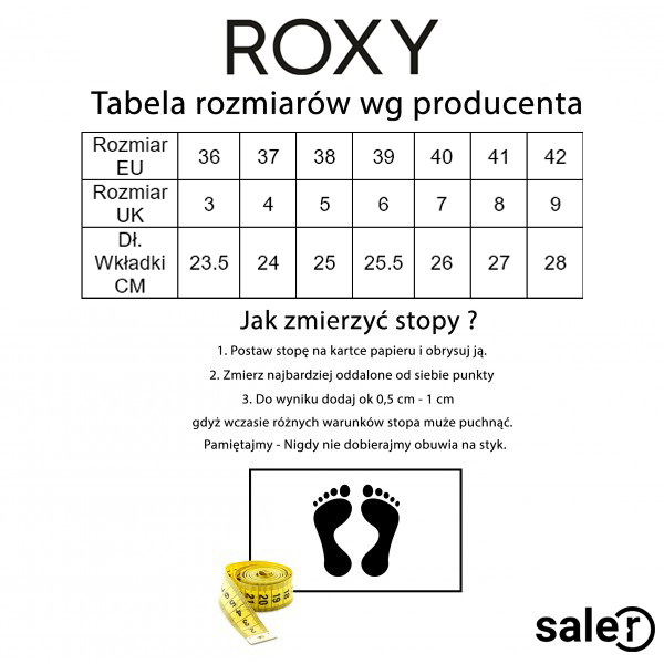 Tabela rozmiarów butów Roxy | Saler.pl - Wyprzedaż i promocje modowe