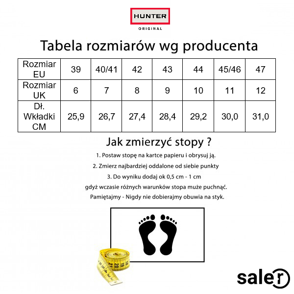 Tabela rozmiarów butów Hunter | Saler.pl - Wyprzedaż i promocje modowe