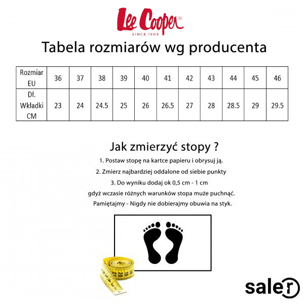 Tabela rozmiarów butów Lee Cooper | Saler.pl - Wyprzedaż i promocje modowe