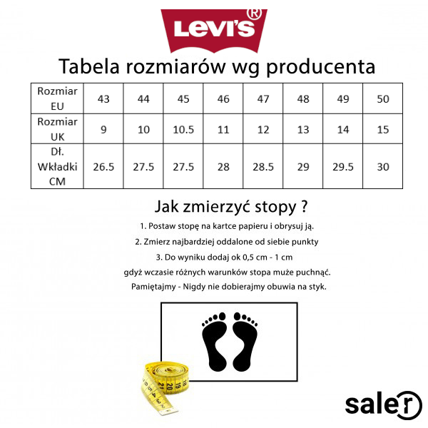 Tabela rozmiarów butów Levi's | Saler.pl - Wyprzedaż i promocje modowe
