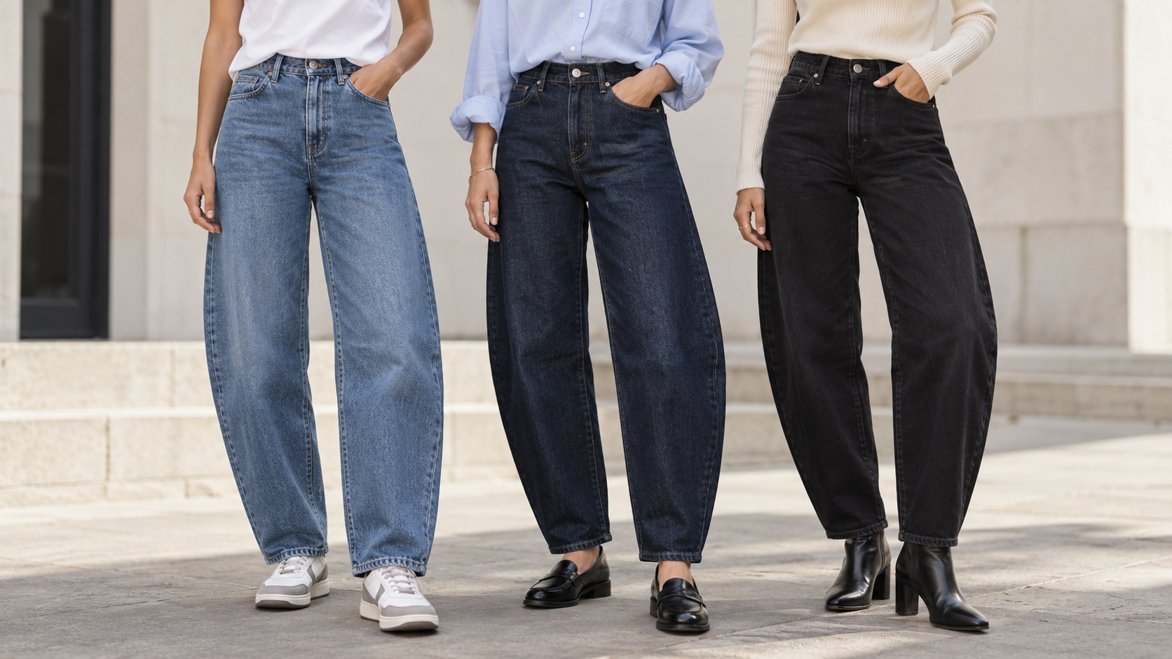 Trzy stylizacje z jeansami barrel: z T-shirtem i sneakersami, koszulą i mokasynami oraz golfem i botkami.