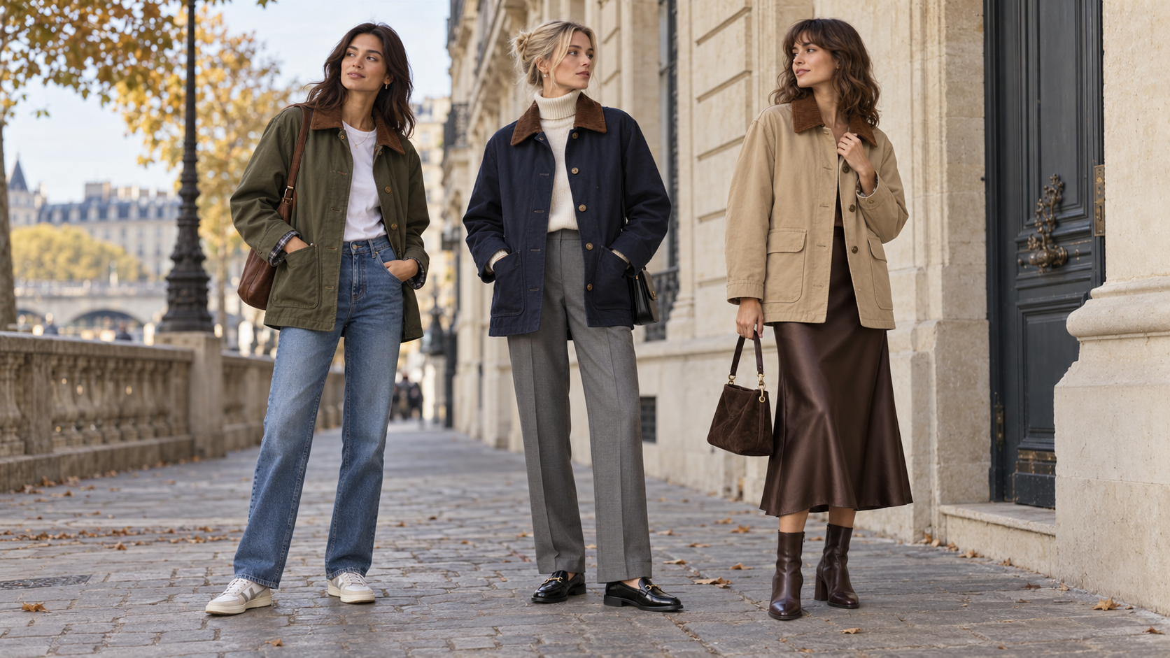 Trzy stylizacje z kurtką barn jacket z kontrastowym sztruksowym kołnierzem: z jeansami, spodniami w kant i satynową spódnicą.
